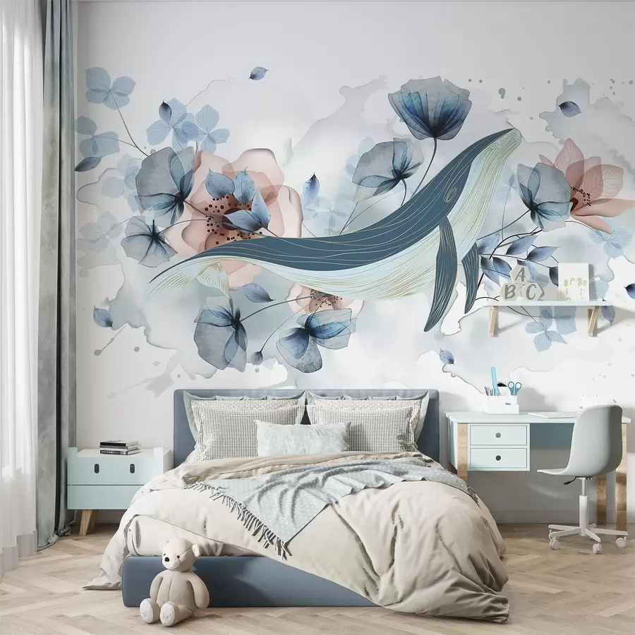 murales de pared Una ballena azul con flores, estilo acuarela, colores azul claro y rosa, fondo claro w08922