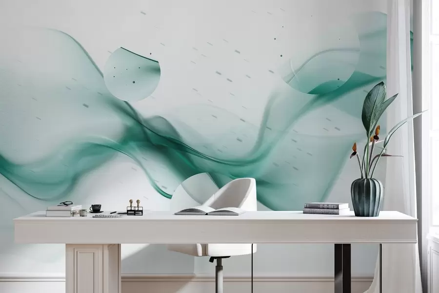 murales de pared Abstracción de ondas geométricas, estilo borroso, degradado, colores aguamarina w03404v2