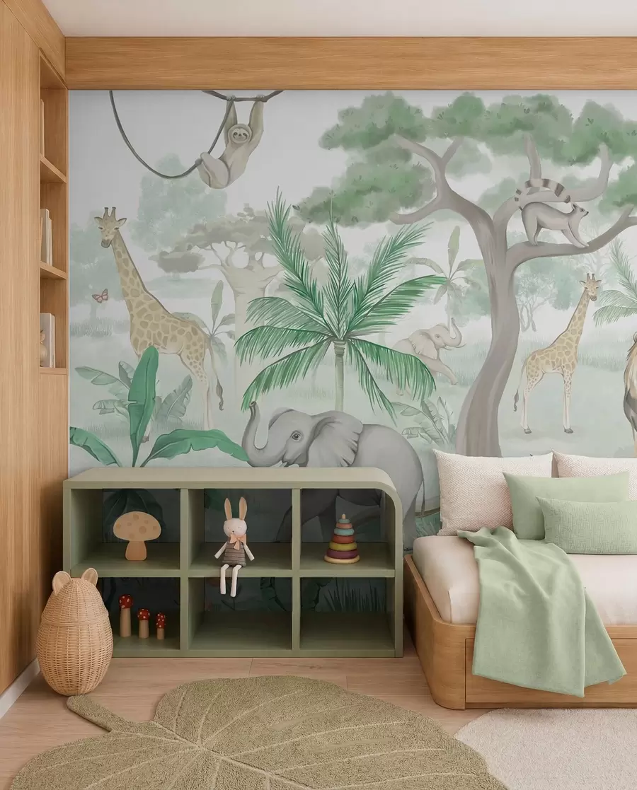 murales de pared Panorama de selva con animales en tonos verdes w03444v2