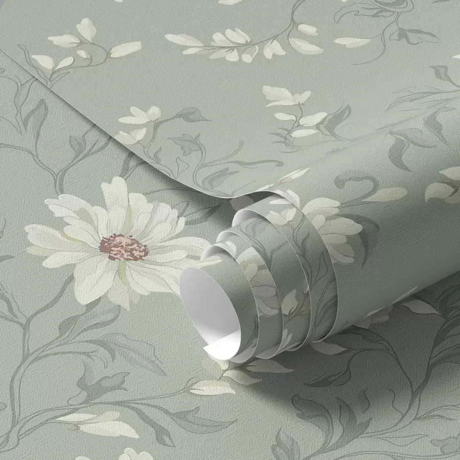 murales de pared Flores blancas con hojas retorcidas a00001