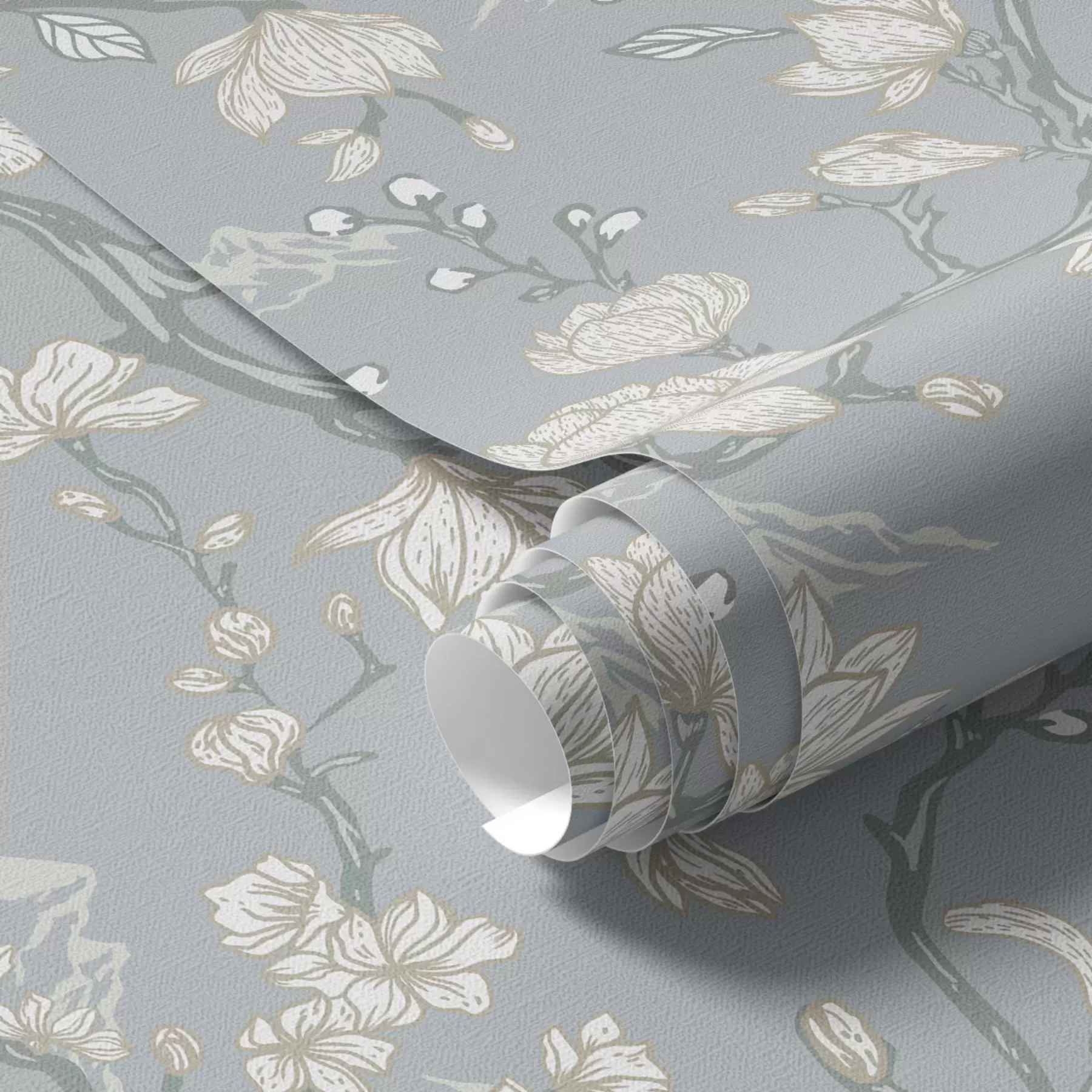 murales de pared Flores blancas sobre ramas y montañas sobre fondo azul a00021