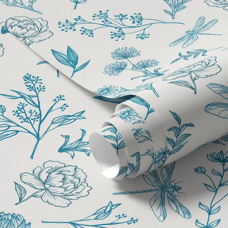 Murales de pared Flores azules, hojas y libélulas sobre fondo blanco a00025 murales de pared Flores azules, hojas y libélulas sobre fondo blanco a00025