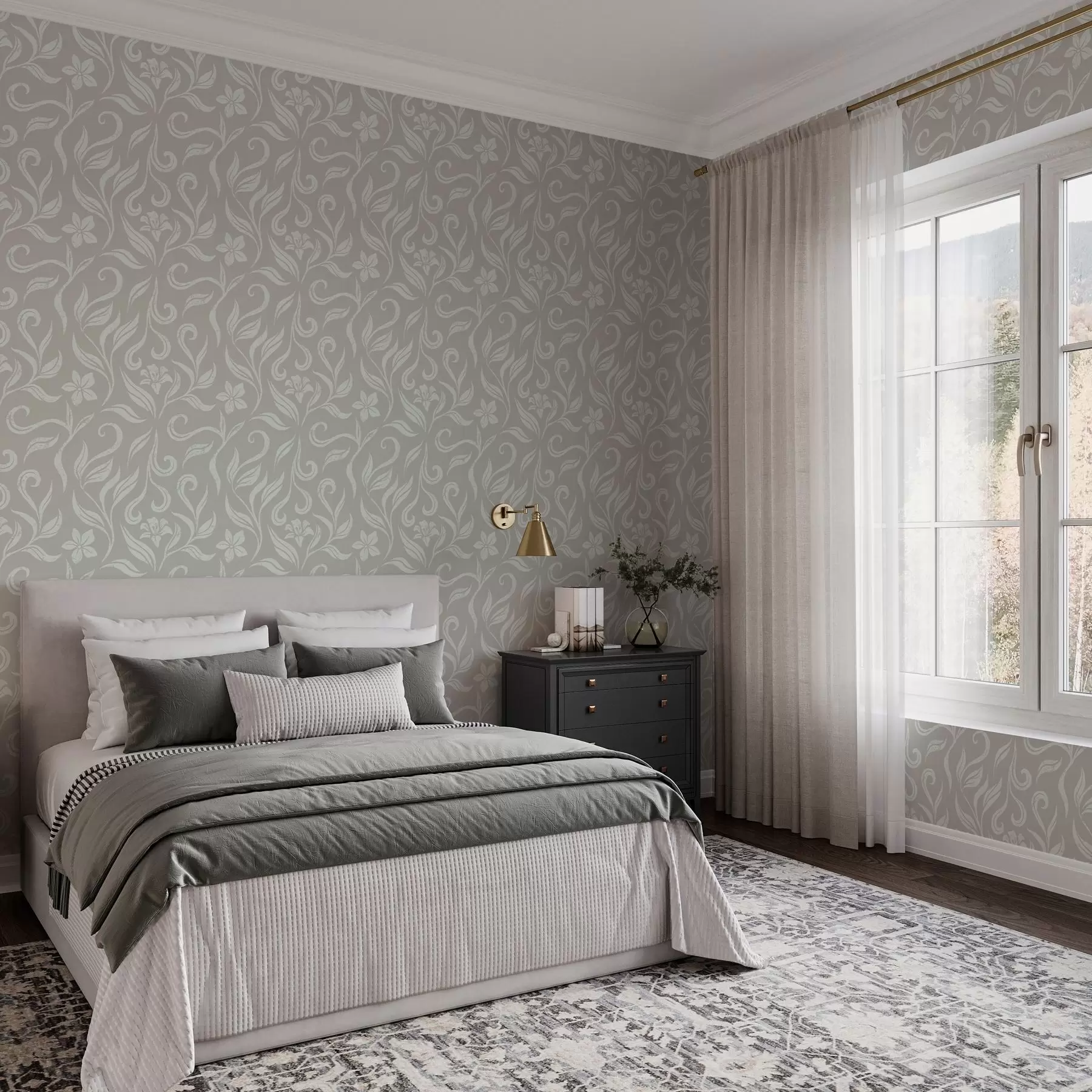murales de pared Flores y hojas blancas con rozaduras a00038v1