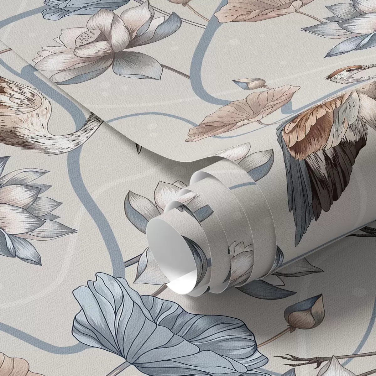 Papel pintado Composición con grullas y lotos en colores pastel a00064