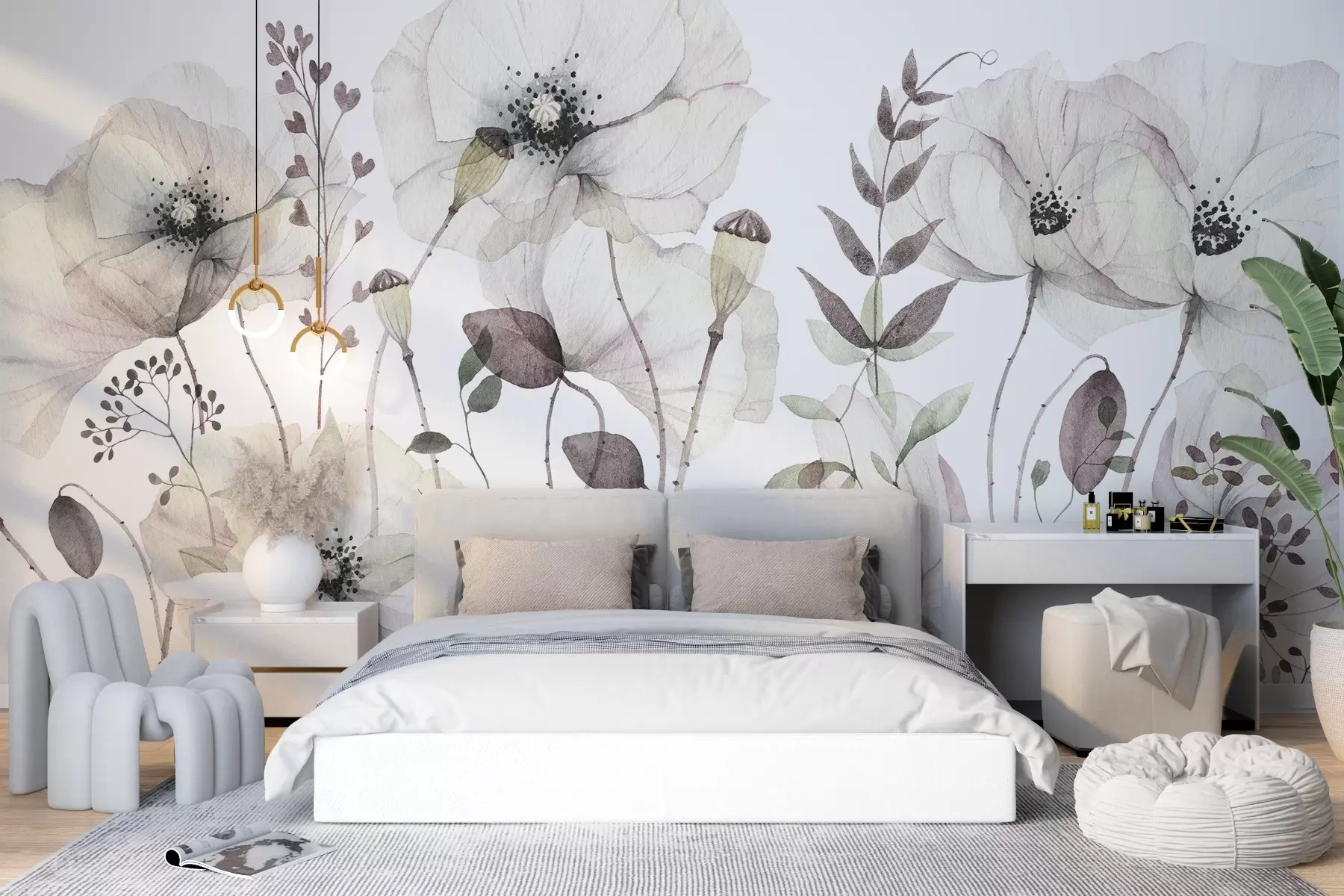 murales de pared Flores silvestres de acuarela en suaves tonos naturales w03543v1