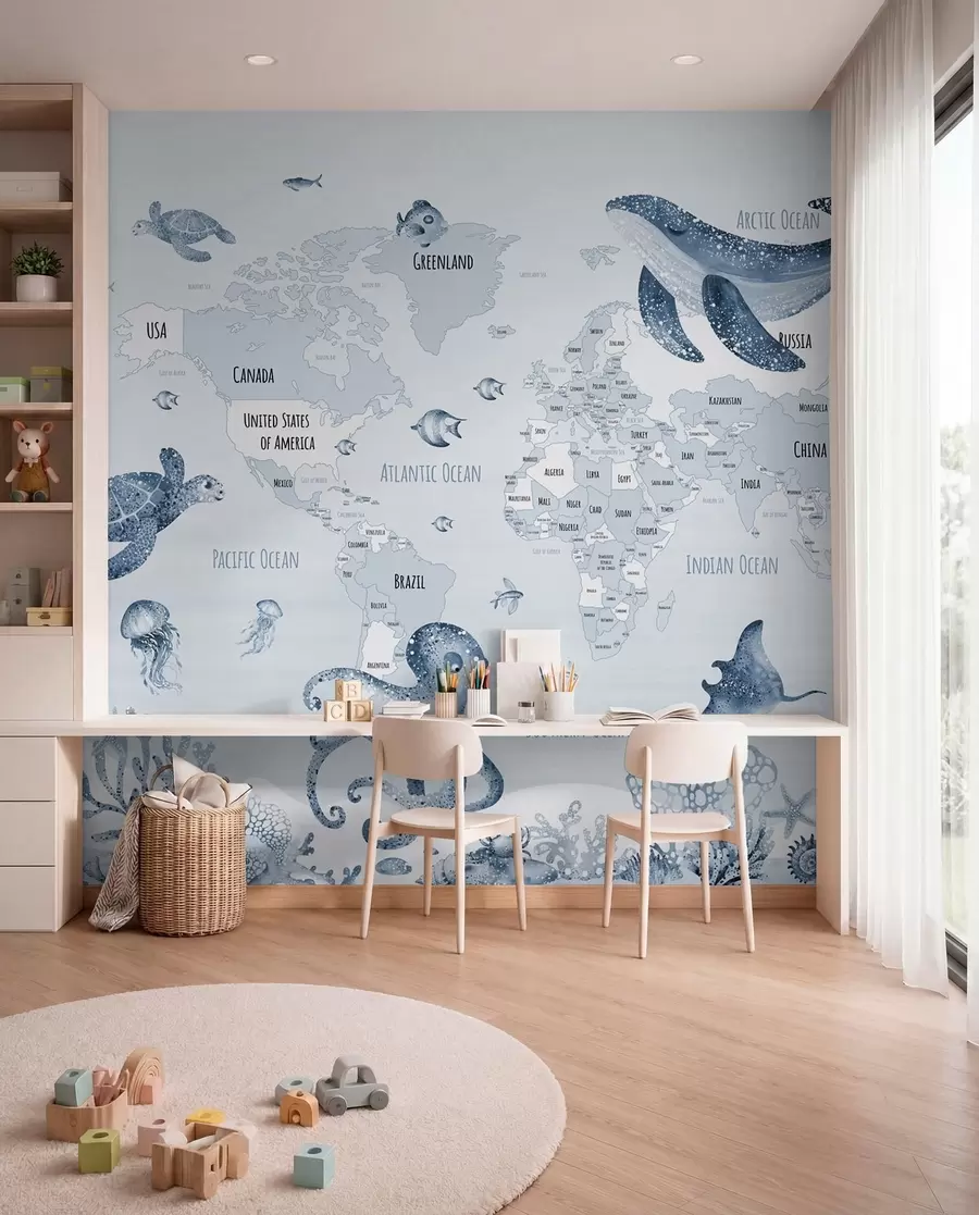 murales de pared Mundo submarino con mapamundi w03526v3