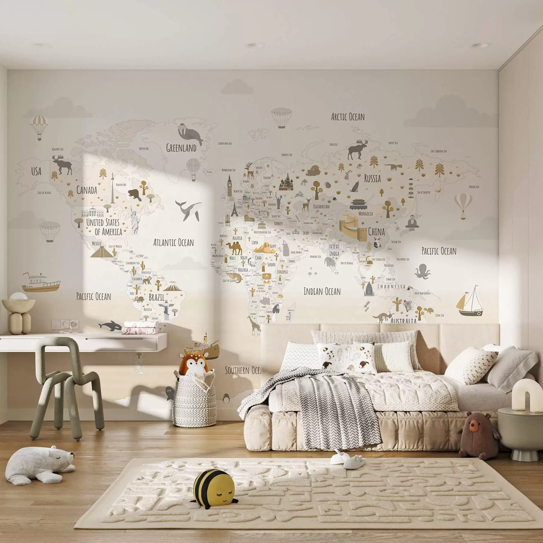 murales de pared Mapamundi con animales y puntos de referencia w03410v1