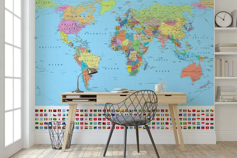 murales de pared Mapa del mundo con banderas de países u60137