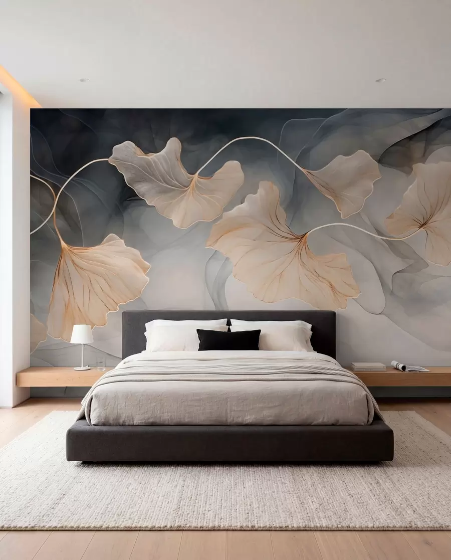 murales de pared Ginkgo en carbón y oro w03511