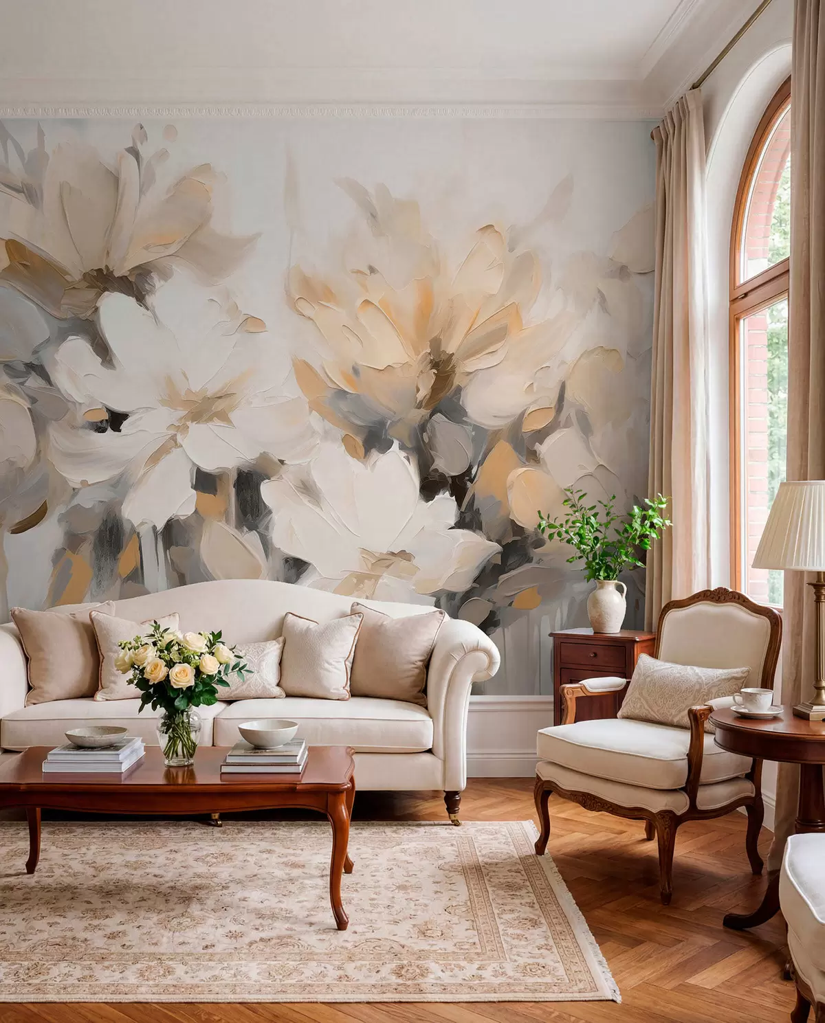 murales de pared Flores pintadas en crema w03575v1
