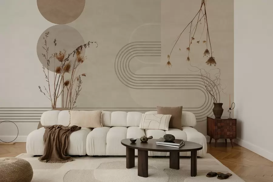 murales de pared geometría elegante y flores secas en tonos beige w03449