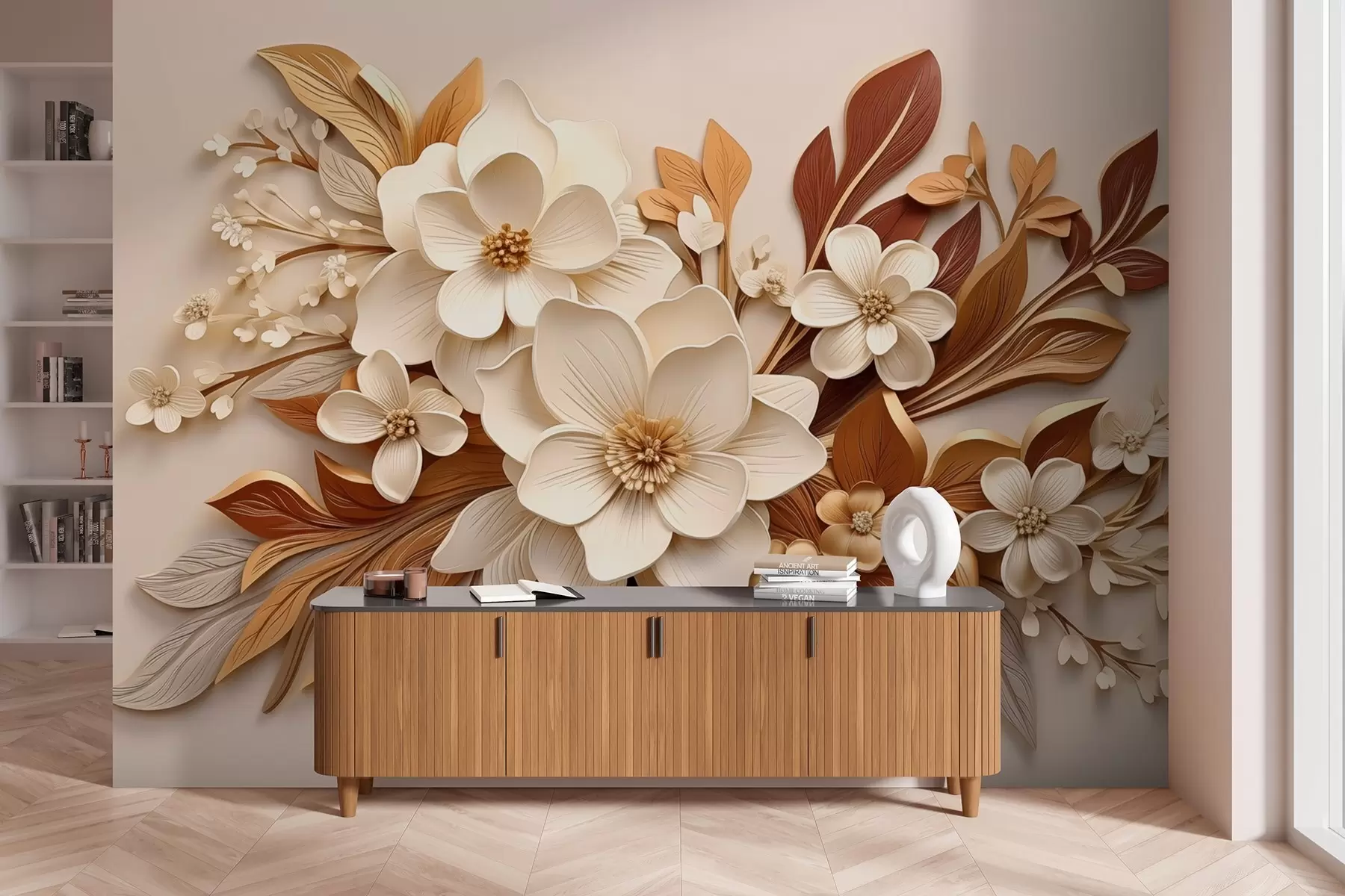 murales de pared flores 3D con hojas en estilo origami en tonos beige w08984