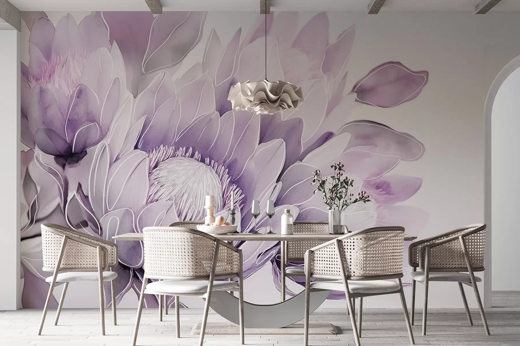 murales de pared Hermosas flores de protea, dibujo lineal, tropical, colores púrpura w03669v1