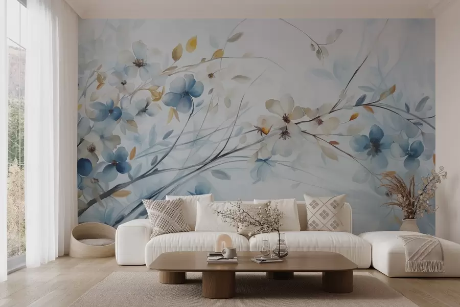 murales de pared Arreglo floral con hojas azules y naranjas y flores blancas, pétalos delicados, ramas finas, colores suaves, efecto acuarela w09009