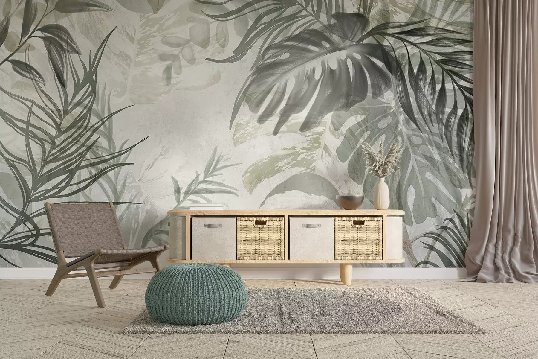 murales de pared Monstera y hojas de palma en tonos de verde y gris, botánico, follaje tropical, plantas de la selva, fondo texturizado w09011