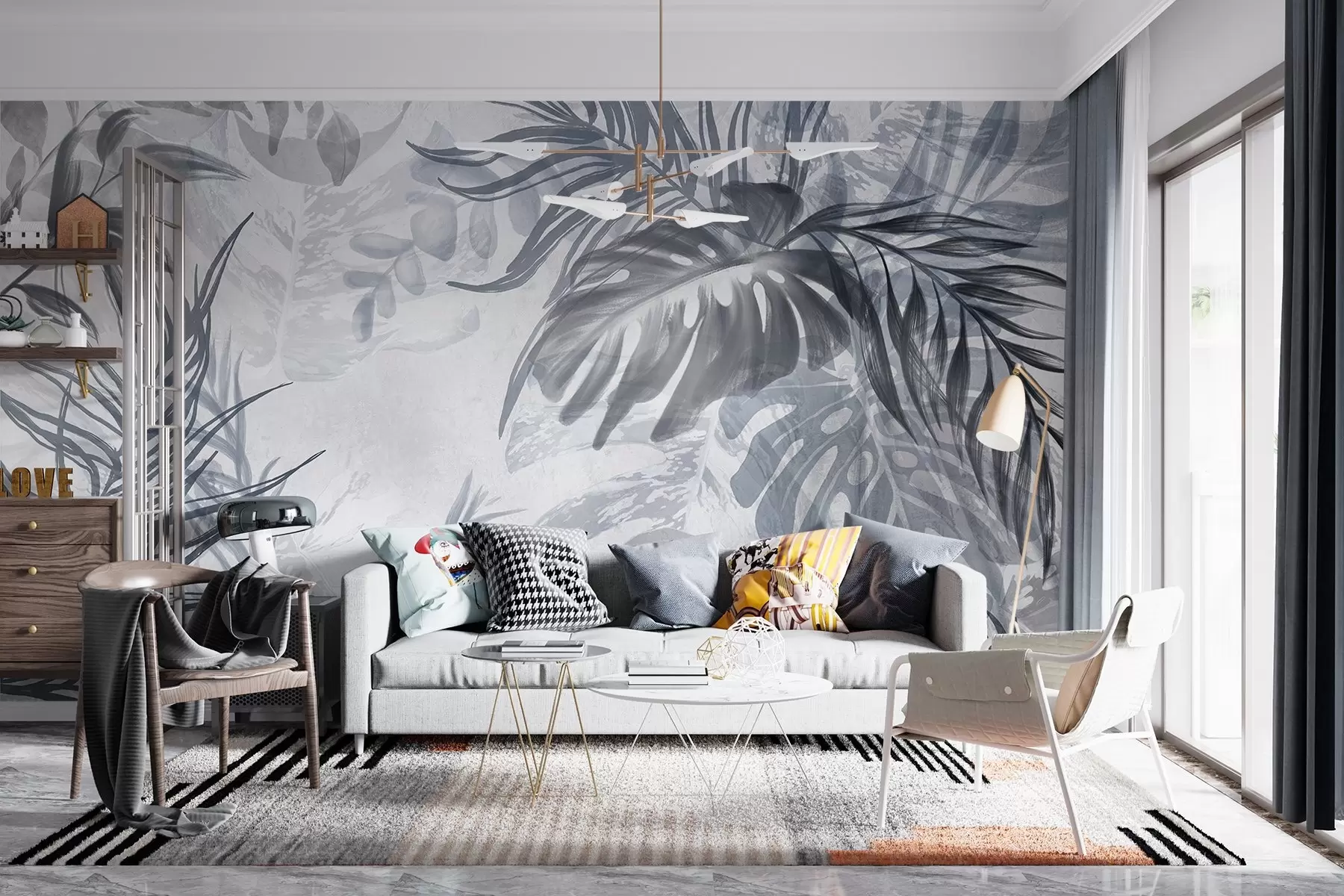 murales de pared Monstera y hojas de palma en tonos de azul y gris, botánico, follaje tropical, plantas de la selva, fondo texturizado w09011v1