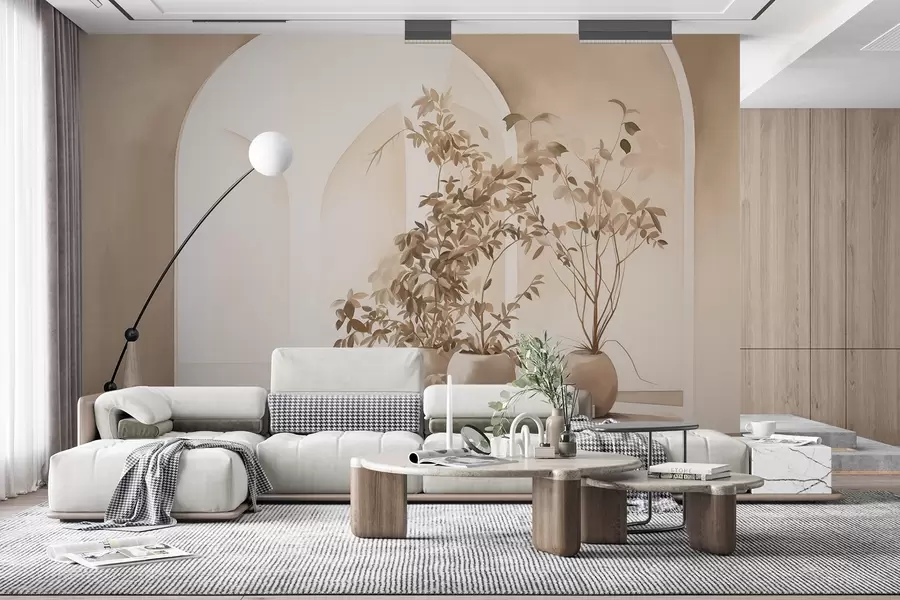 murales de pared Plantas en macetas con tonos beige delante de arcos abstractos, estilo minimalista, elegante y limpio, fondo neutro w09013