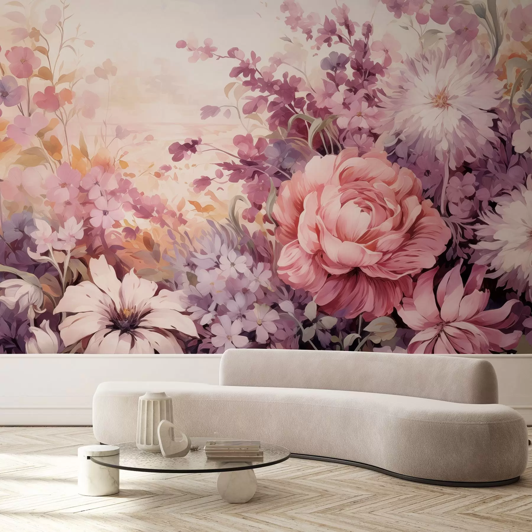 murales de pared Flores coloridas en tonos rosas y morados: lilas, peonías, crisantemos w09039