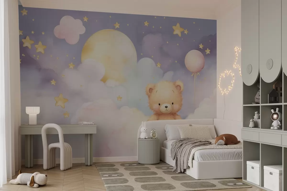 murales de pared Bonito oso en una nube con luna y estrellas w03864