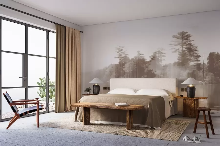 murales de pared Paisaje abstracto minimalista texturizado con un lago y árboles reflejados en el agua en tonos beige y blanco w09058v1