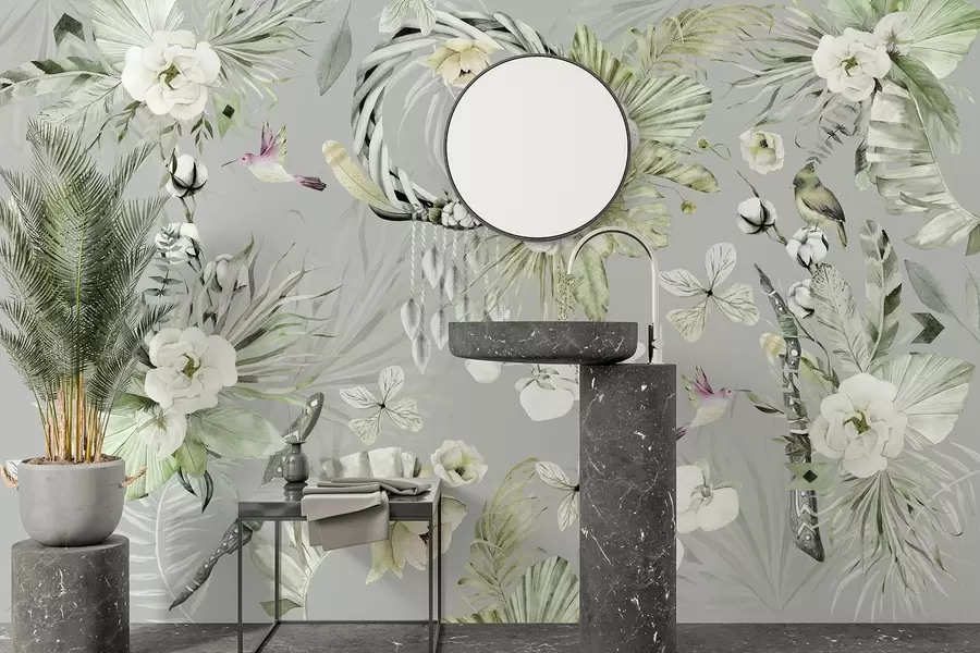 murales de pared Adorno de estilo boho con flores de peonía y pájaros, estilo acuarela, colores verdes w03885v2