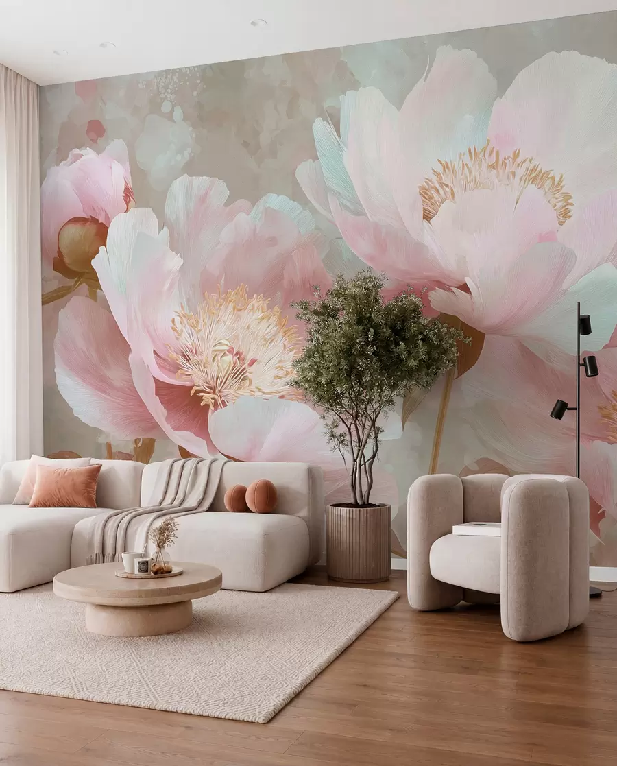 murales de pared Delicadas peonías en tonos rosa y beige w09087v1