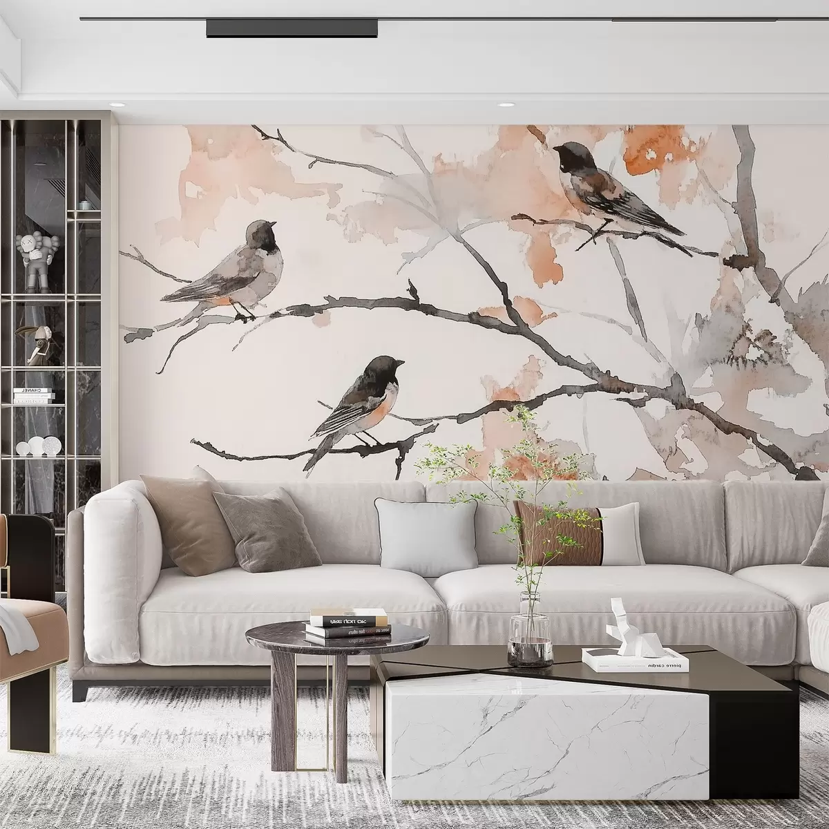 murales de pared Pájaros en las ramas de los árboles en estilo acuarela w09064v2