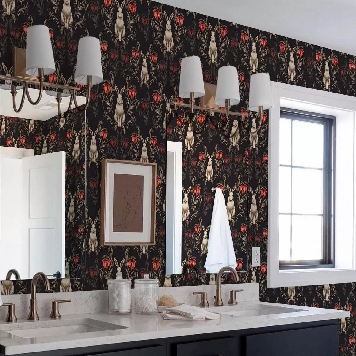 Papel pintado Liebre y flores rojas sobre fondo oscuro a00102