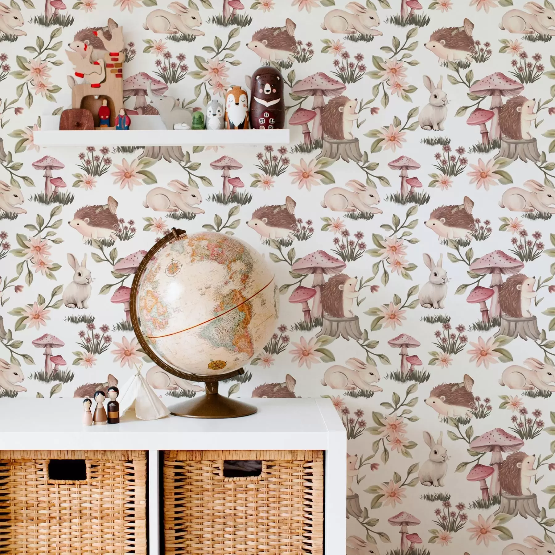 murales de pared Erizos y conejos sobre fondo blanco con delicadas flores y setas a00111v2