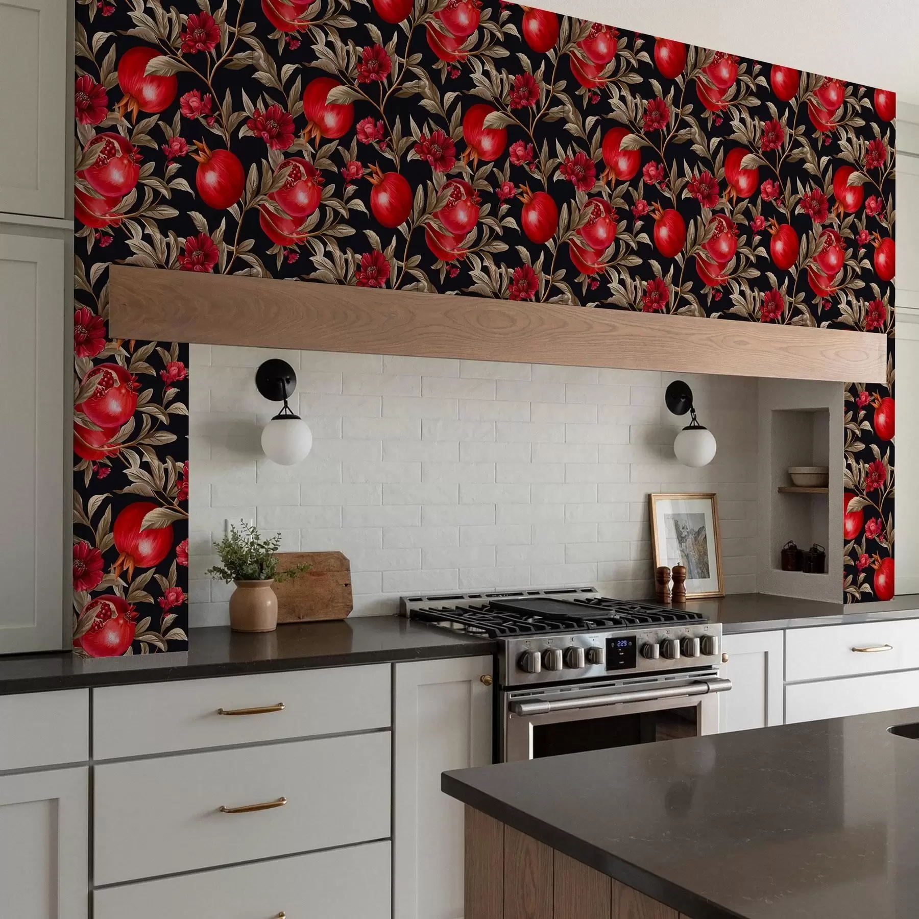 murales de pared Granadas y flores sobre fondo oscuro de estilo mediterráneo a00115