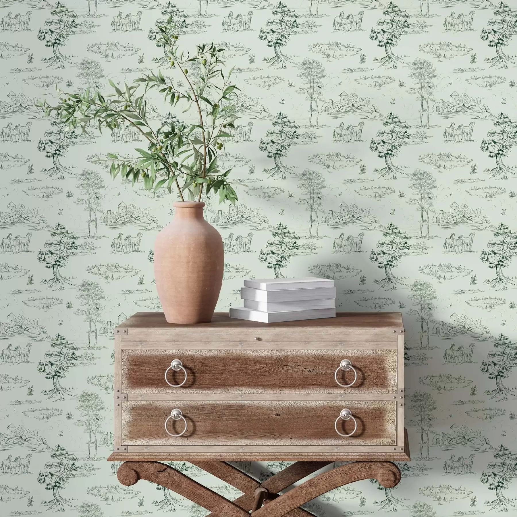 murales de pared Escena con caballos, árboles y castillo sobre fondo verde a00133v1