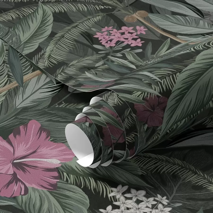 murales de pared Hojas tropicales y pájaro sobre fondo oscuro a00140