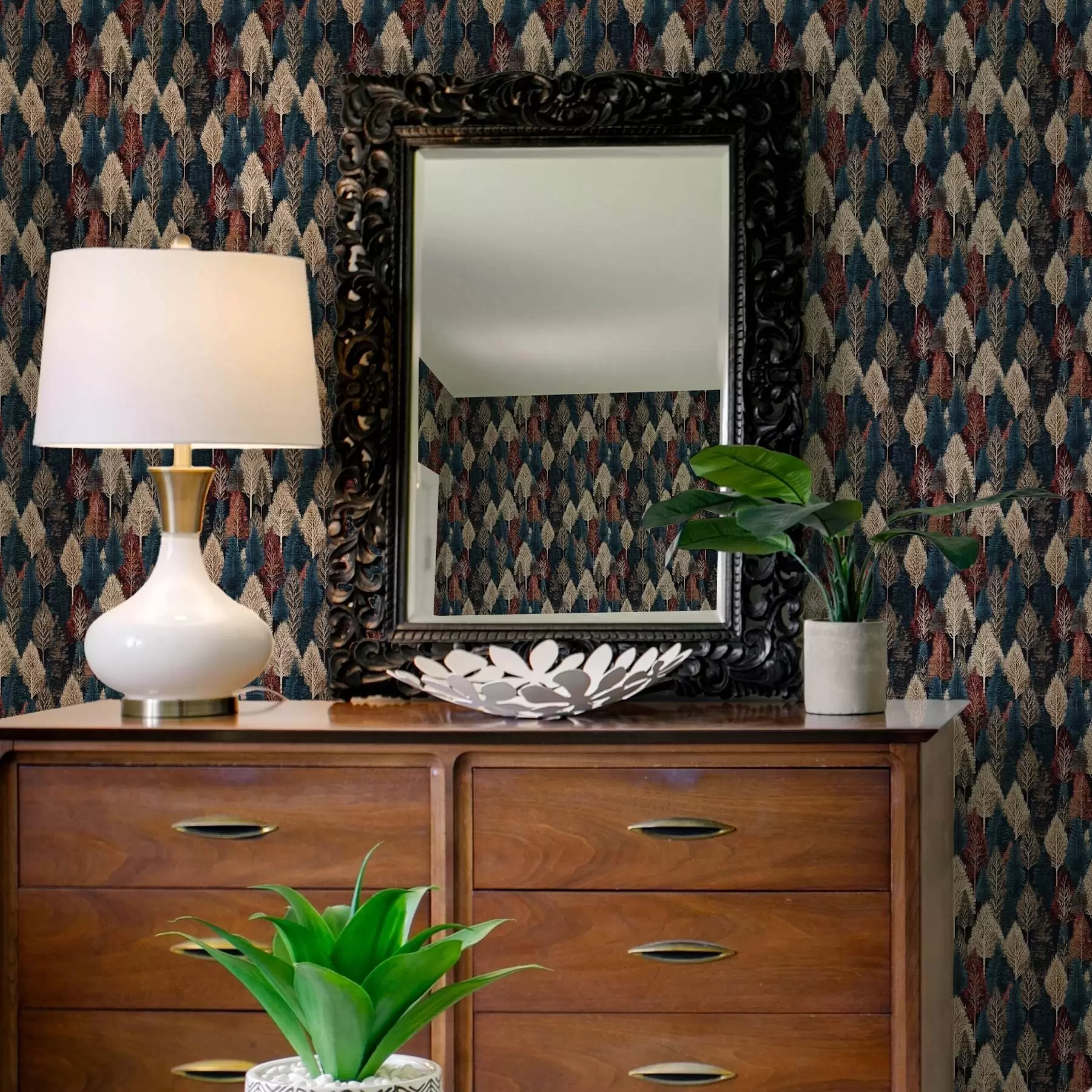 murales de pared Bosque abstracto con árboles sobre fondo azul oscuro a00150