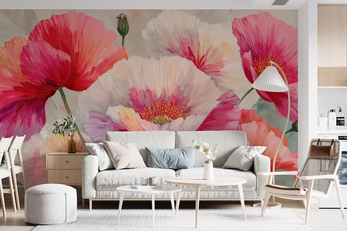 murales de pared Amapolas blancas y rojas al óleo con pinceladas atrevidas w09097