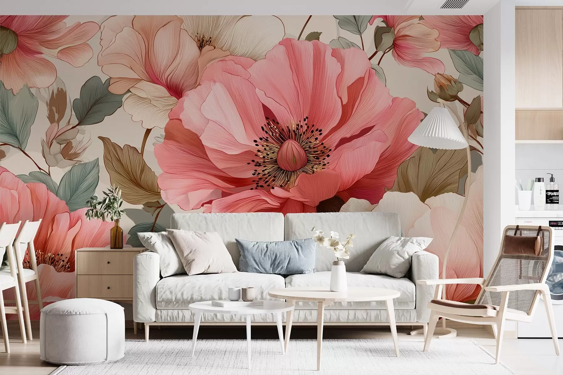 murales de pared Delicadas amapolas con hojas en tonos rojo-rosa w09100