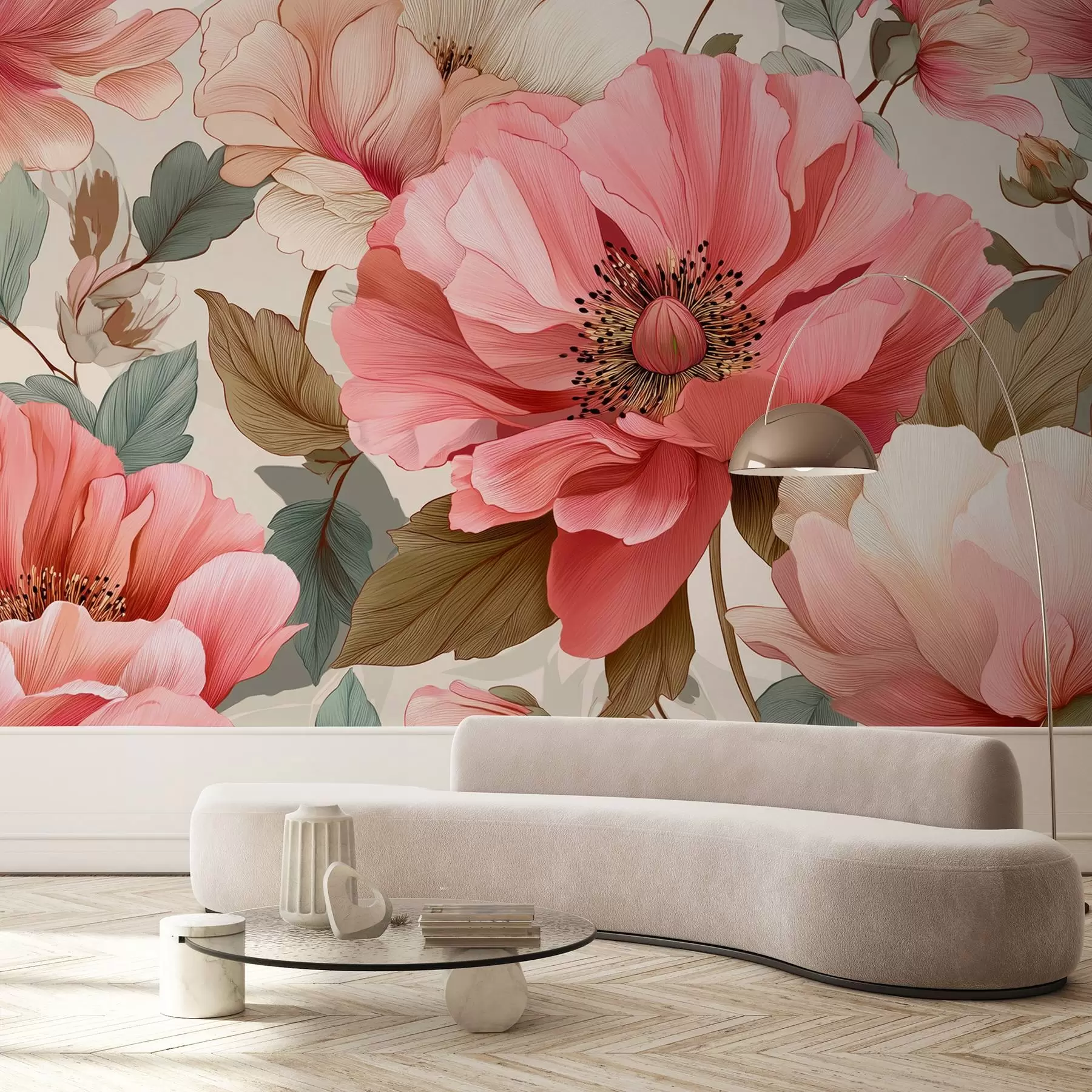 murales de pared Delicadas amapolas con hojas en tonos rojo-rosa w09100