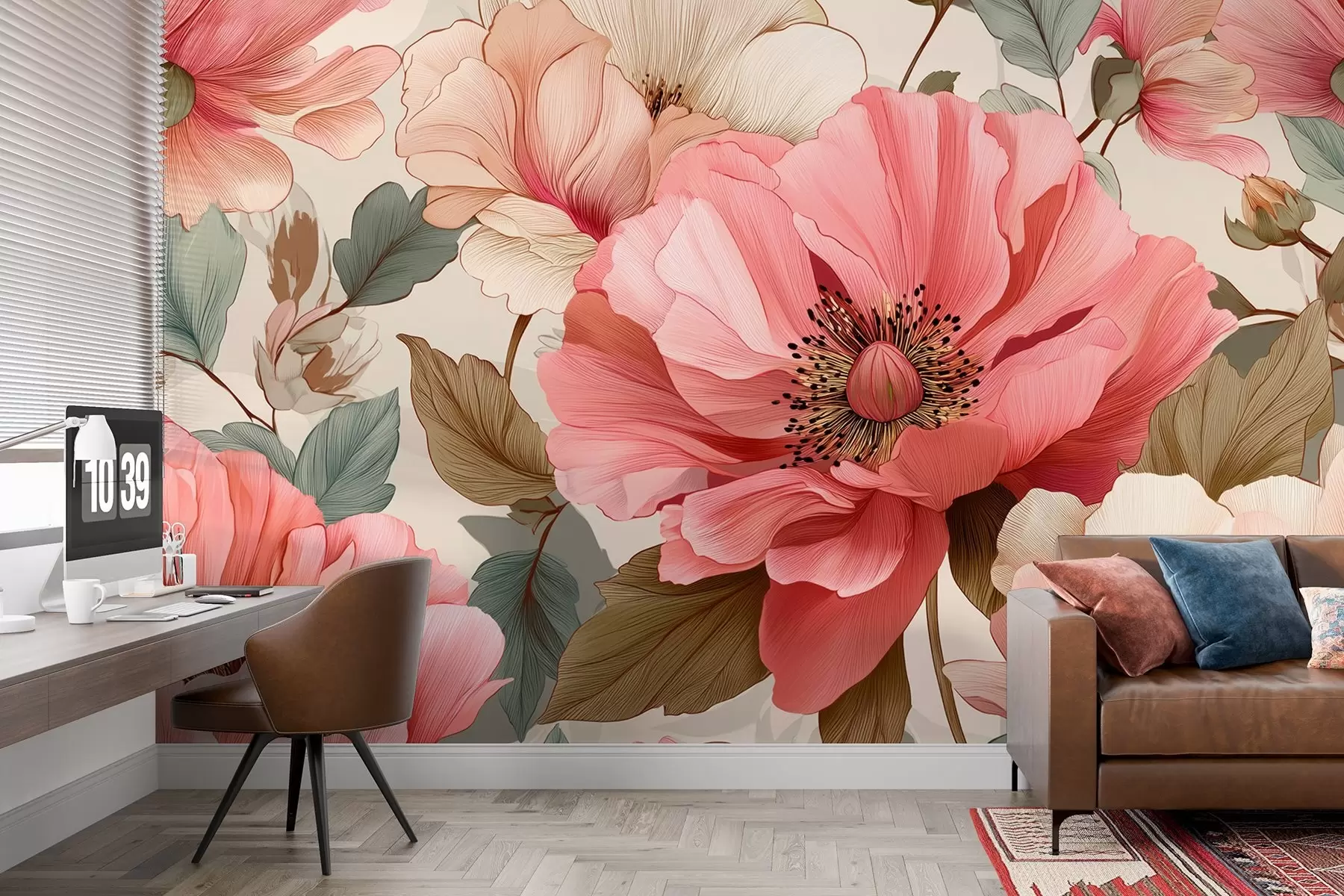 murales de pared Delicadas amapolas con hojas en tonos rojo-rosa w09100