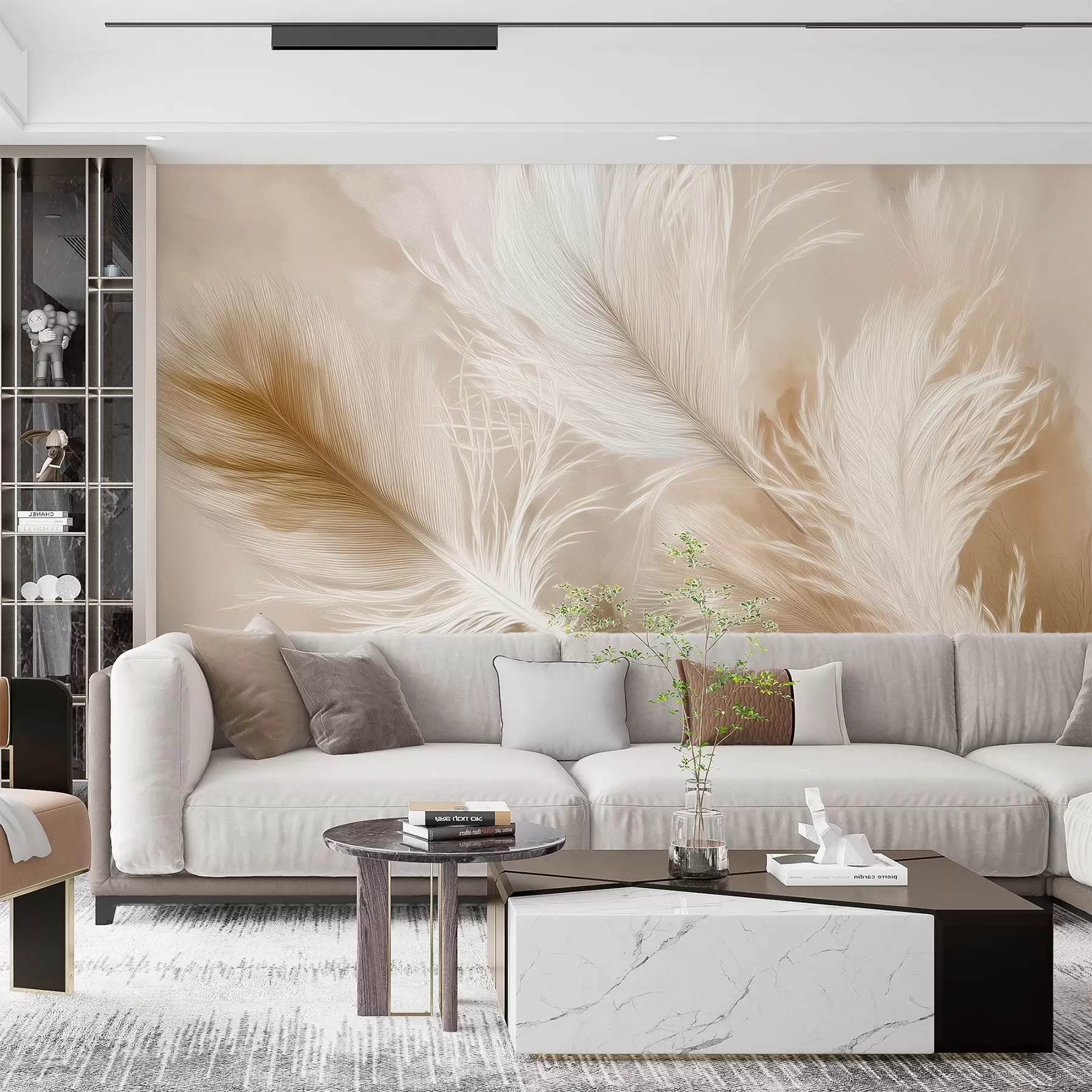 murales de pared Plumas voladoras sobre fondo beige w09102