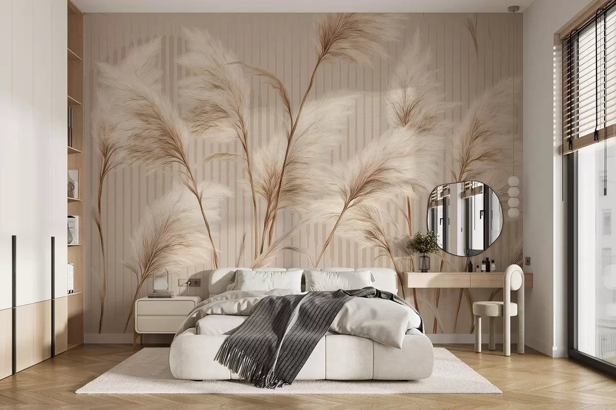 murales de pared Hierba de la Pampa sobre un fondo de líneas en tonos beige w09104