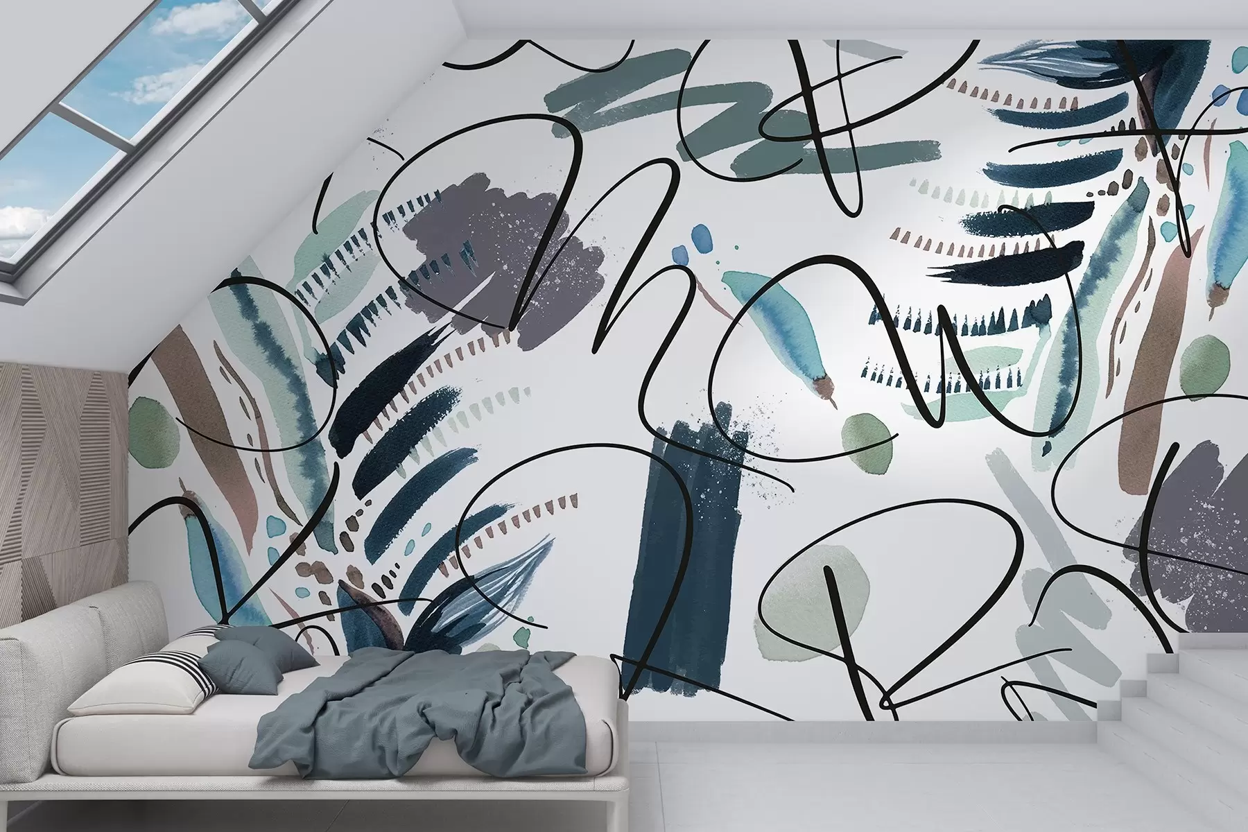 murales de pared Letras de tinta, caligrafía, pinceladas, colores azules, abstracción w03912v2