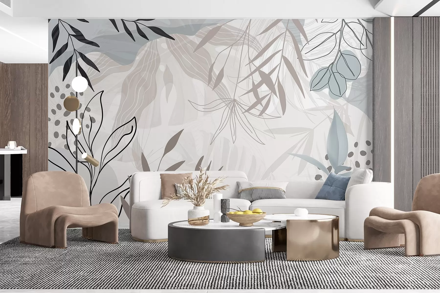 murales de pared Diseño floral abstracto moderno con hojas de color beige pastel, gris, azul y negro, delicado arte lineal y fondo suave w09105
