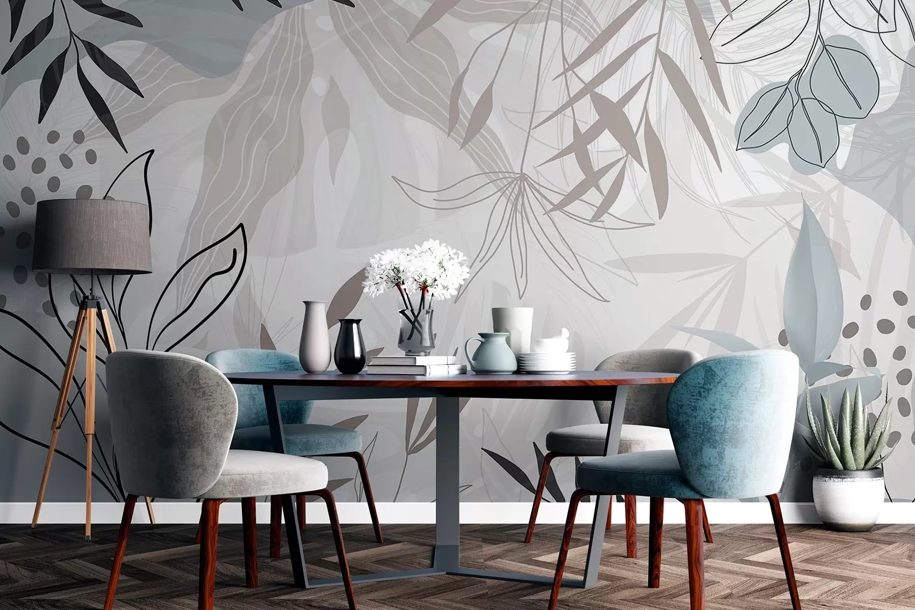 murales de pared Diseño floral abstracto moderno con hojas de color beige pastel, gris, azul y negro, delicado arte lineal y fondo suave w09105