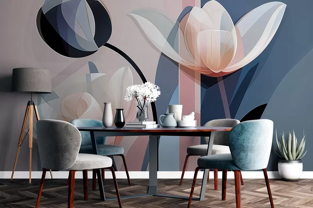 murales de pared Diseño moderno abstracto con tulipanes de pétalos transparentes en tonos pastel rosa, blanco y azul oscuro w09116