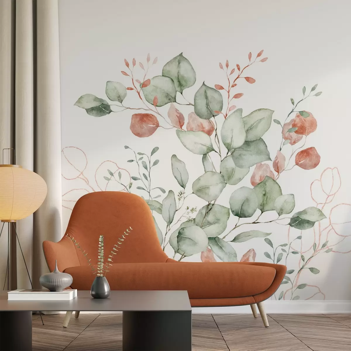 murales de pared Vegetación y ramas imitación de acuarela texturizada, tonos verdes y rojos w03927v1