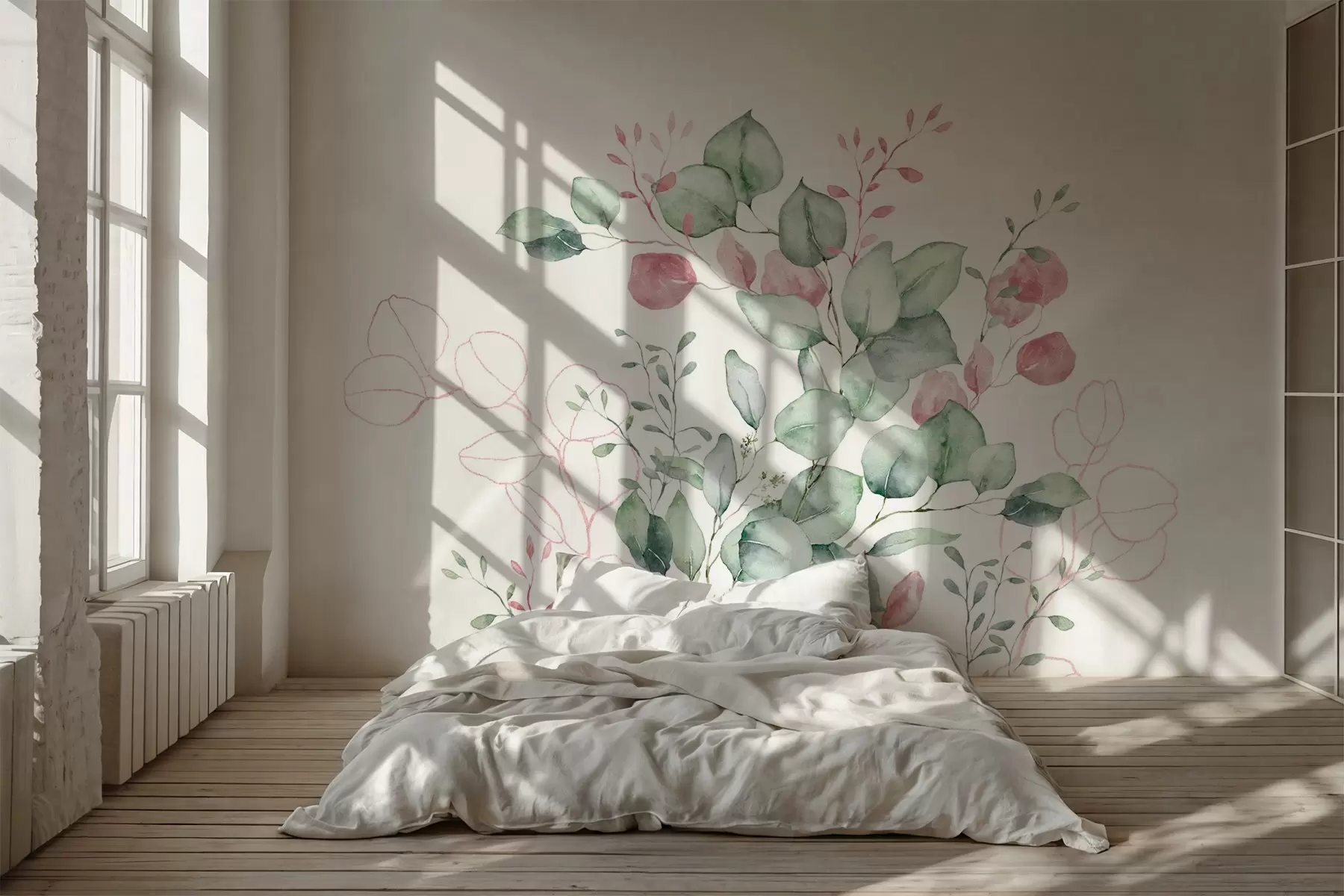 murales de pared Vegetación y ramas imitación de acuarela texturizada, tonos verdes y rosas w03927v2