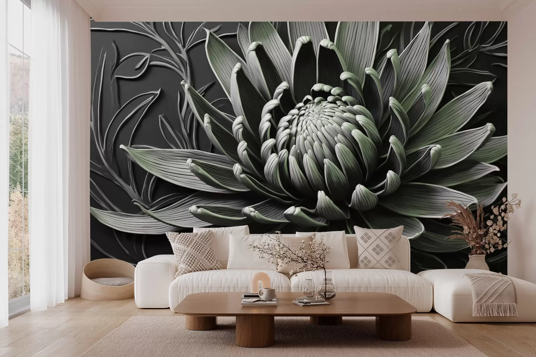 murales de pared Flor de protea, verde y negra w03930v3