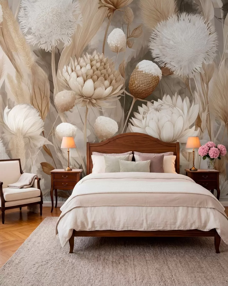 murales de pared Flores secas en crema w09121