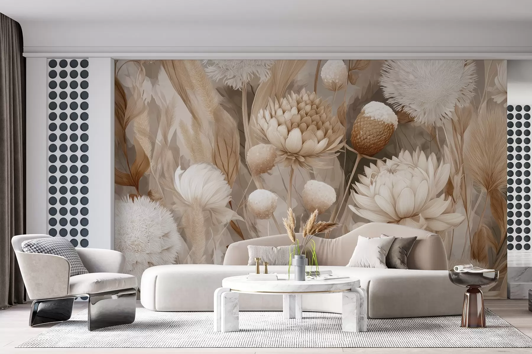 murales de pared Armonía boho: Flores texturizadas en tonos beige y crema w09121