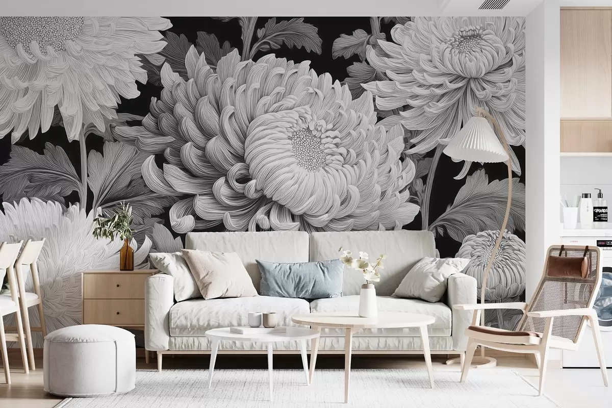 murales de pared Orquídeas grandes blancas y negras con hojas w09125v1