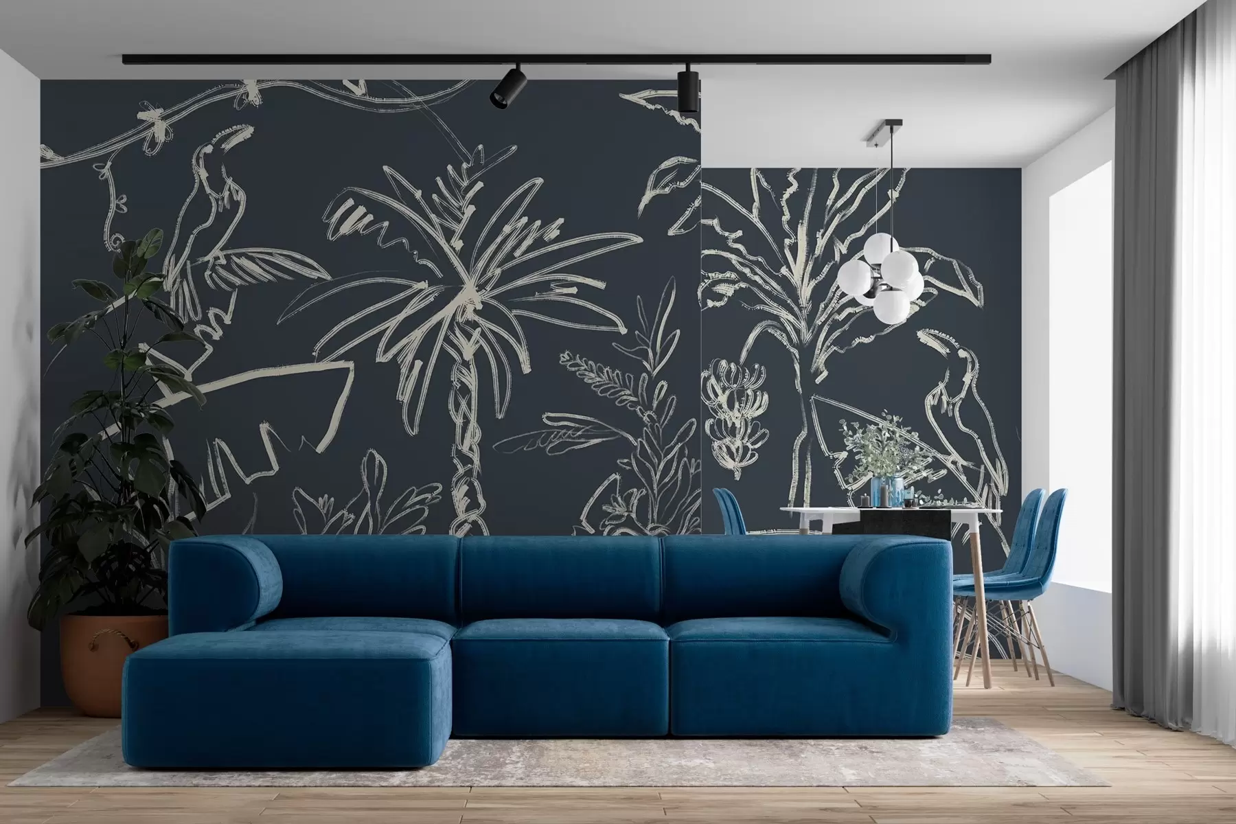 murales de pared Patrón tropical sobre fondo azul oscuro, palmeras, plátanos w04020v4